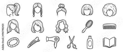 Collection of hand-drawn black and white illustrations depicting various hairstyles and hairdressing tools, presented in a clean, graphic style