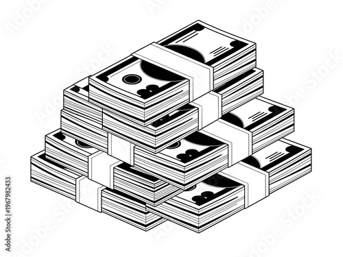 A stack of cash money bundles piled up in a pyramid arrangement, a minimalist black and white line art illustration representing accumulated financial wealth, successful business savings, and capital 