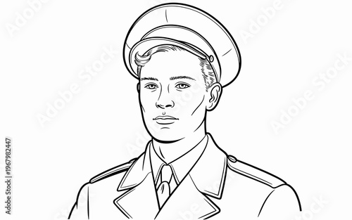 Black and white line art portrait of a young military officer in a formal uniform with a cap, illustrating leadership and patriotism, suitable for coloring pages, historical military themed design dec