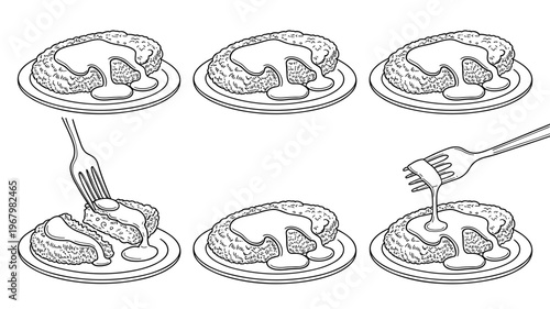 Set of sketch illustrations featuring delicious savory cutlet or meat patty topped with creamy hot sauce on white plate including fork movements for cooking food blogging recipes menu design web graph