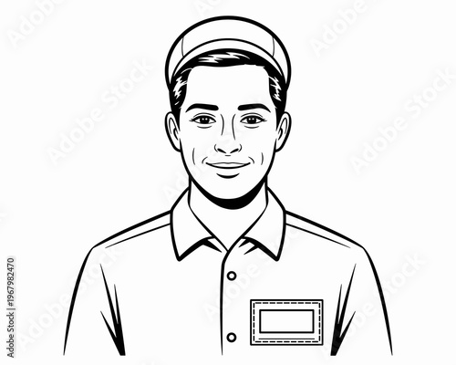 A friendly young man wearing a professional uniform with a name tag badge and baseball cap, depicted in a clean vector line art illustration style for customer service, retail staff, or employee portr