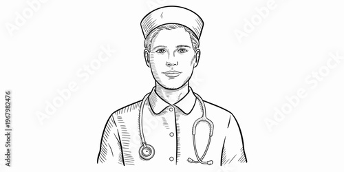 A detailed monochromatic line art illustration depicting a professional nurse wearing a traditional cap and uniform with a stethoscope, representing medical care, health services, and clinical experti