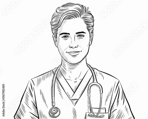 Professional young doctor portrait with stethoscope in medical scrubs, healthcare practitioner ready for clinical patient consultation, hospital staff service concept, line art illustration design gra