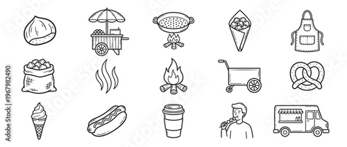 Collection of hand-drawn black and white street food and market icons, including chestnuts, carts, fire, and snacks