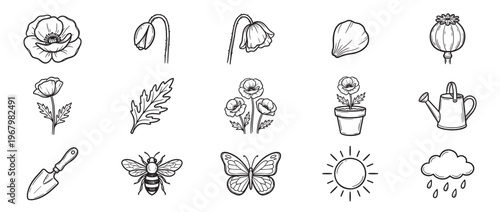 Collection of hand-drawn poppy flowers, gardening tools, and nature elements in a simple black and white doodle style