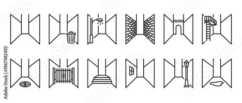 Collection of twelve simple black outline icons depicting various elements found in narrow alleyways or passages