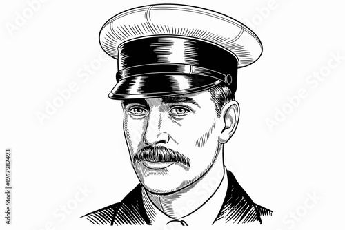 A detailed vintage style engraving portrait illustration of a dignified man wearing a formal captain or military officer cap, symbolizing historical leadership authority, nautical maritime career role