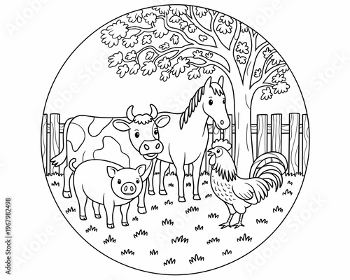 Educational coloring page featuring farm animals like a cow, pig, horse and rooster gathered beneath a tree in a paddock with a rustic wooden fence for children learning about livestock and domestic n