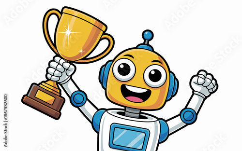 A cute yellow robot holding a shining gold trophy cup celebrates a big victory with an enthusiastic expression and raised arms, a cheerful technological mascot for winning, success, games and awards