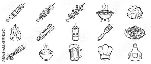 Collection of hand-drawn barbecue and cooking related items, including skewers, grill, fire, and kitchen tools, presented in a clean line art style
