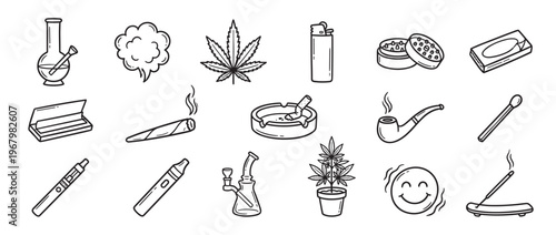 Collection of hand-drawn cannabis and smoking accessories icons, including a bong, grinder, joint, and marijuana leaf
