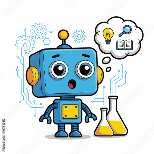 A cute blue cartoon robot engaging in scientific discovery with chemical beakers while thinking about innovation ideas of lightbulb learning research and knowledge development on digital laboratory ba