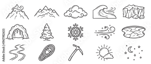 Collection of fifteen hand-drawn doodle icons depicting various natural elements and winter-related objects in a simple, illustrative style