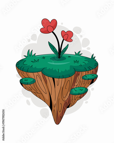 Floating isolated magical grassy island featuring vibrant red flowers with wood textured base in a stylized digital illustration perfect for fantasy gaming environments motion graphics and surreal con