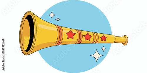 Cartoon brass trumpet horn with star decorations isolated on blue circular background for festive events, musical performance, victory celebrations, loud announcements, toy instrument, vector graphic 