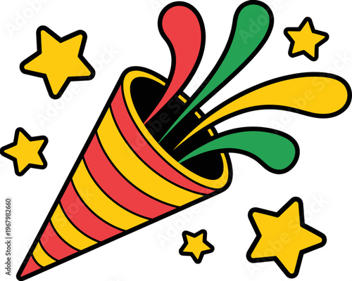 Vibrant party popper icon featuring colorful streamers and yellow stars exploding in a festive celebration graphic design isolated on white background for joyful event mood joy happiness success conce