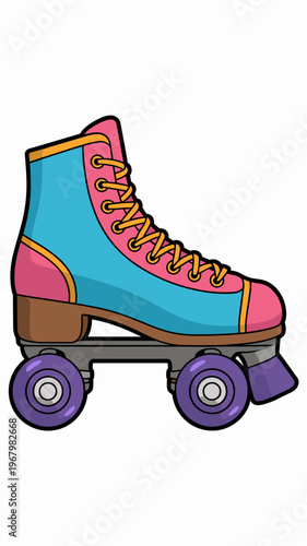 Vibrant colorful retro roller skate illustration featuring blue and pink leather boot with yellow laces and purple wheels for eighties disco fun sports equipment leisure active lifestyle pop art desig