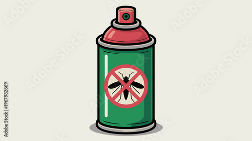 A vector cartoon stylized insect repellent spray can illustration featuring a classic no mosquito sign symbol, utilized for household pest control, malaria prevention, summer season safety and camping