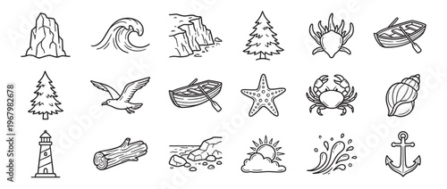 Collection of hand-drawn black and white nautical and nature-themed icons, including a lighthouse, boat, and sea creatures