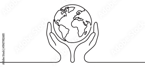 Two human hands gently hold a detailed outline of the Earth, symbolizing global care and environmental protection