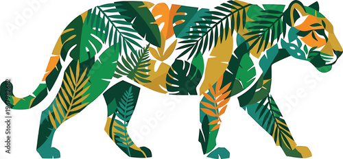 Minimalist vector offset fill style abstract animal silhouette formed from overlapping offset leaf shapes unique rainforest motif solid color white background wildlife icon.