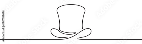 Single continuous line drawing of a classic top hat with a wide brim, rendered in a minimalist style