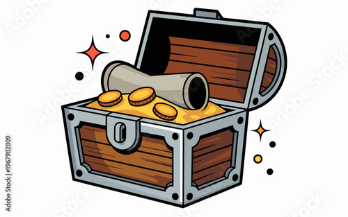 Open wooden pirate treasure chest filled with gold coins and a rolled ancient parchment scroll, isolated vector illustration representing wealth, discovery, mystery, adventure, savings, and fantasy ga