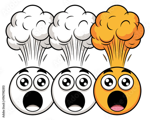 Three shocked emoji faces with exploding heads or steam blowing out, set of intense amazed yellow and white emotional icons, surprised reactions for digital communication, expressive artistic graphic 