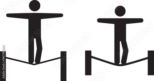 Two balancing person icons on rope, recreation and lifestyle.