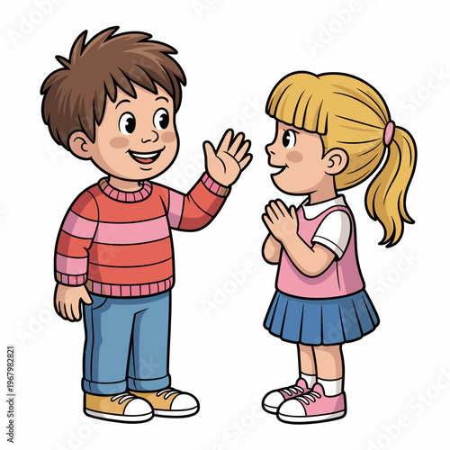 A happy young boy waving hello and a cheerful little girl listening politely in a friendly interaction, represented as a vibrant cartoon illustration for education, social skills, childhood, and frien