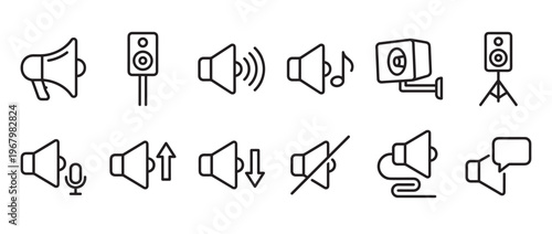 Collection of black outline sound and speaker icons, including megaphones, volume controls, and audio devices, presented in a clean, modern style
