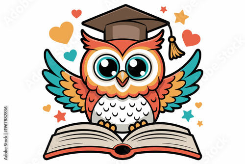 Cute wise owl wearing a graduation cap studying an open book character illustration representing academic success knowledge acquisition education school learning development wisdom intelligence for ki