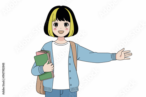 A cheerful young schoolgirl with black and yellow short hair wearing a blue cardigan holds books and waves her hand, standing against a clean white background as an optimistic student concept illustra