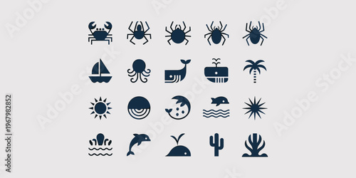 Minimalist vector icon set featuring marine life ocean creatures sea travel symbols beach elements aquatic animals nautical shapes isolated on light background for modern graphic design branding proje