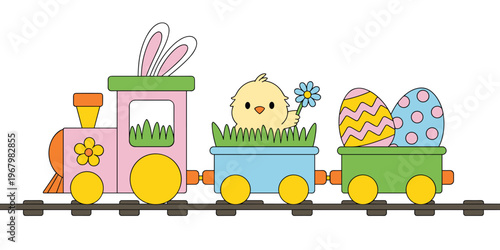 Cute cartoon Easter train engine carrying a baby chick holding a flower and colorful decorated patterned eggs on railway tracks for springtime holiday celebration greeting card design vibrant vector a