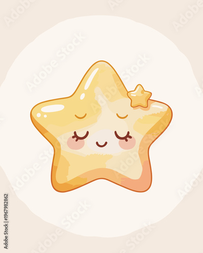 A cute watercolor smiling star character with closed eyes and blushing cheeks exudes joy and peaceful sleep, perfect for nursery wall art, whimsical children book illustrations, baby shower cards or d