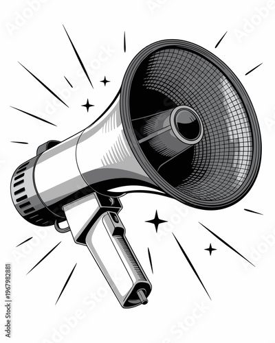 Vintage megaphone illustration featuring a retro handheld loudspeaker for public speaking announcements, broadcasting communication, protest mobilization, marketing campaigns, leadership, and bold soc