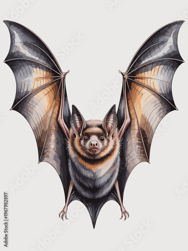 Stunning detailed illustration of a cute little bat with expansive wings spread wide in mid-flight isolated on a simple white background perfect for wildlife design posters decorative stickers kids ed