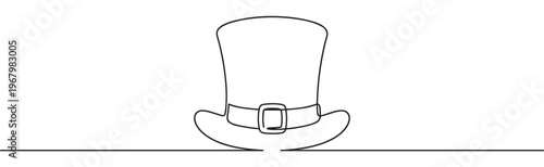 Simple black line art drawing of a classic top hat with a buckle on its band, presented in a minimalist style