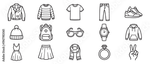 Collection of various fashion items and accessories, including clothing, footwear, and jewelry, rendered in a simple outline style