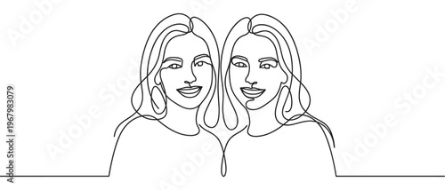 Two smiling young women's faces are depicted in a continuous line art drawing with a minimalist style