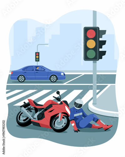 A motorcyclist in a helmet sits dejected on the asphalt street next to his crashed red motorbike following a road traffic accident at a busy city intersection, conceptualizing road safety and casualty