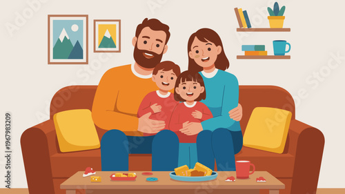 A happy young family with parents and two children sitting together on a comfortable sofa in a cozy living room, enjoying quality time with snacks, portraying themes of love, domestic bliss, and paren