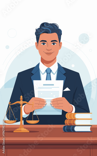 Professional young lawyer smiling while holding legal contract documents at office desk with scales of justice and law books representing fair judgment litigation advice advocacy expertise legal servi