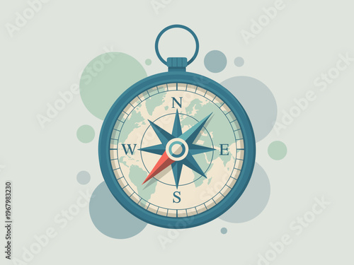 Vintage nautical magnetic compass icon with world map background showing navigation direction points for travel exploration adventure geography projects vector illustration isolated on soft abstract m