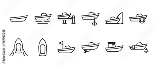 Collection of various simple boat outline icons illustrating different types of watercraft and marine activities