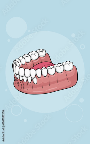 A detailed 3D cartoon style illustration of an anatomical human lower mandible jawbone with healthy white teeth and pink gums set against a soft blue background perfect for medical education dental ch