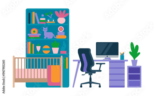 A modern home office combined with a nursery interior featuring a professional desk computer chair baby crib and colorful bookshelf for work from home remote work life balance and family lifestyle con