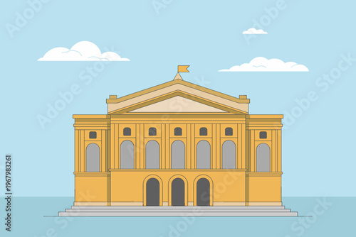 Minimalist vector illustration of a grand civic building or neoclassical courthouse featuring arch windows, a triangular facade, and a small flag, showcasing elegant architectural design for urban pro