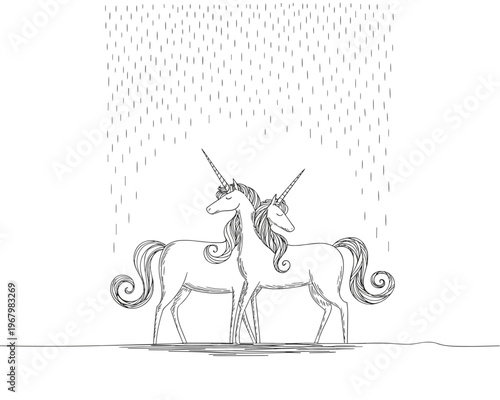 Two magical unicorns standing close together under soft romantic rain gentle fantasy creatures featuring flowing manes and elegant horns depicted in a minimalist black and white line art style for fai